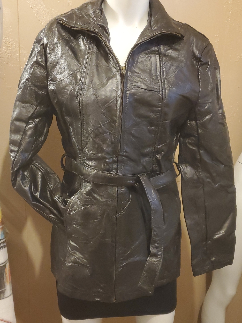 Women's Black Leather Belted Zip-Front Jacket